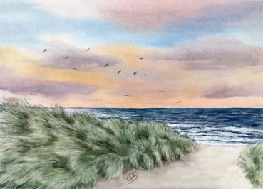 Postkarte DIN-A6 Aquarell Maritim Kunst Druck Kunstdruck Dänemark Nordsee Ostsee Düne Meer Möwe Strand